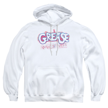White pullover hoodie with Grease Is The Word graphic