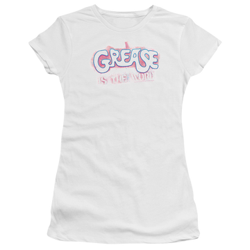 White juniors t-shirt with Grease Is The Word graphic