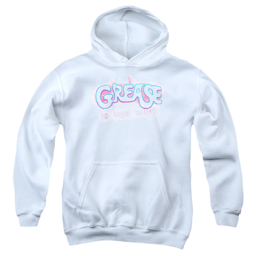 White youth hoodie for ages 8 to 12 with Grease Is The Word graphic