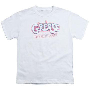 White youth t-shirt for ages 8 to 12 with Grease Is The Word graphic