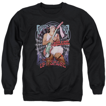 Black men's crewneck sweatshirt with Cheech & Chong Up in Smoke Pantyhose graphic