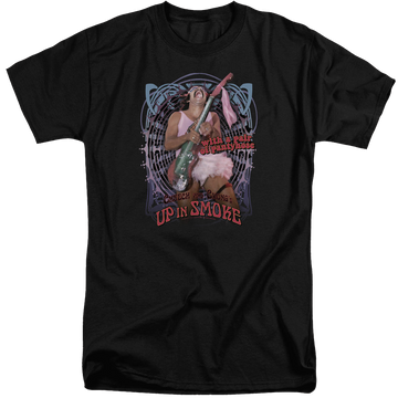 Black men's tall fit t-shirt with Cheech & Chong Up in Smoke Pantyhose graphic