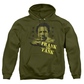 Military green pullover hoodie with Old School Frank The Tank graphic