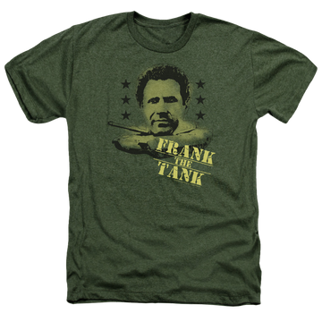 Military green men's heather t-shirt with Old School Frank The Tank graphic