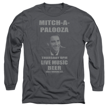Charcoal men's long sleeve t-shirt with Old School Mitchapalooza graphic