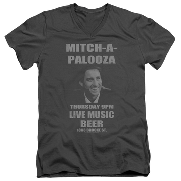 Charcoal men's v-neck t-shirt with Old School Mitchapalooza graphic
