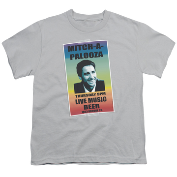 Silver youth t-shirt for ages 8 to 12 with Old School Mitchapalooza graphic