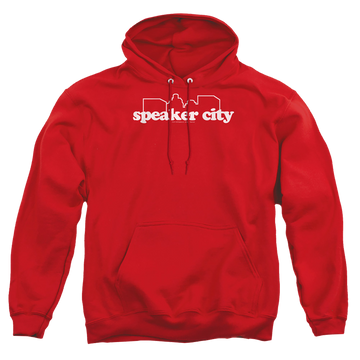 Red pullover hoodie with Old School Speaker City Logo graphic