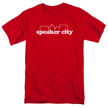 Red men's regular fit t-shirt with Old School Speaker City Logo graphic