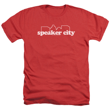 Red men's heather t-shirt with Old School Speaker City Logo graphic