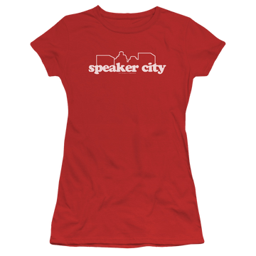 Red juniors t-shirt with Old School Speaker City Logo graphic