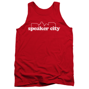 Red men's tank with Old School Speaker City Logo graphic