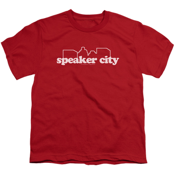 Red youth t-shirt for ages 8 to 12 with Old School Speaker City Logo graphic