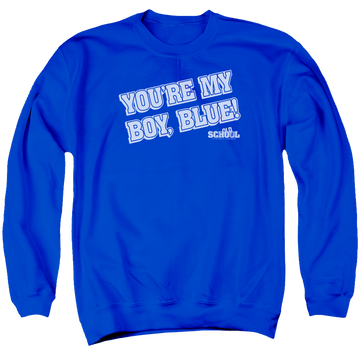 Royal men's crewneck sweatshirt with Old School My Boy Blue graphic