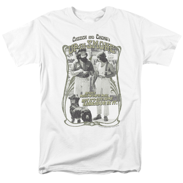 White men's regular fit t-shirt with Cheech & Chong Up in Smoke Labrador graphic