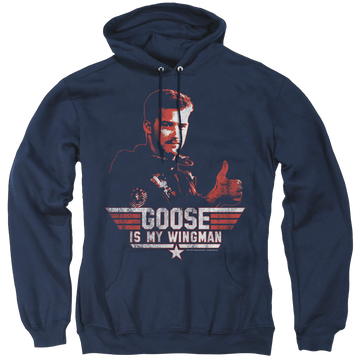 Navy pullover hoodie with Top Gun Wingman Goose graphic