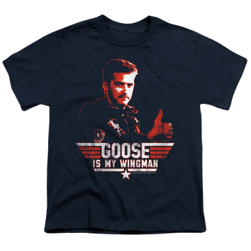 Navy youth t-shirt for ages 8 to 12 with Top Gun Wingman Goose graphic