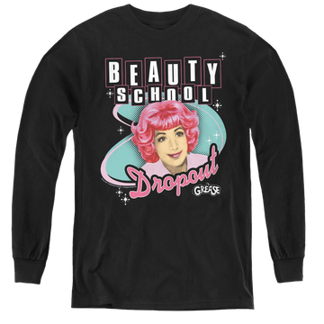 Black youth long sleeve t-shirt with Grease Beauty School Dropout graphic