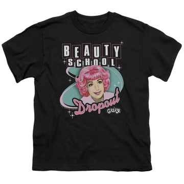 Black youth t-shirt for ages 8 to 12 with Grease Beauty School Dropout graphic