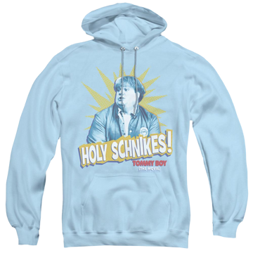 Light blue pullover hoodie with Tommy Boy Holy Schikes graphic