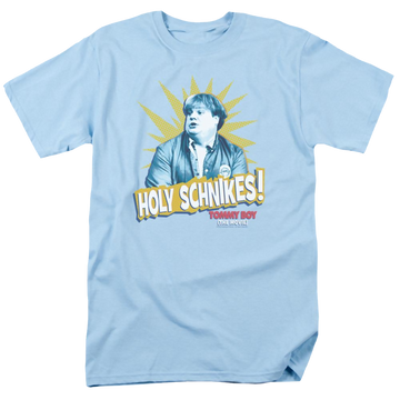 Light blue men's regular fit t-shirt with Tommy Boy Holy Schikes graphic