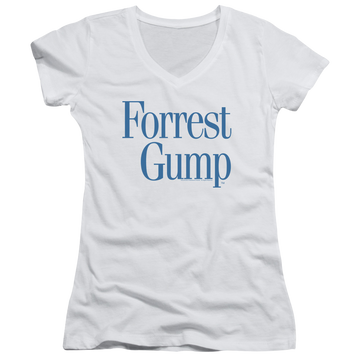 White juniors v-neck t-shirt with Forrest Gump Logo graphic