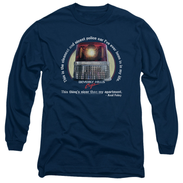 Navy men's long sleeve t-shirt with Beverly Hills Cop Nicest Police Car graphic