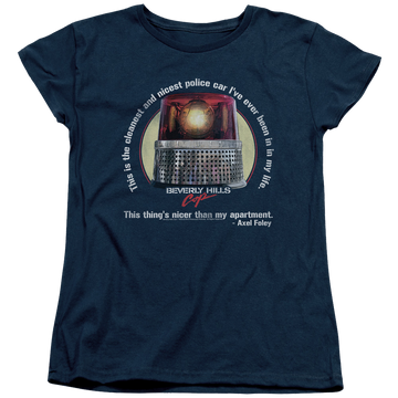 Navy women's t-shirt with Beverly Hills Cop Nicest Police Car graphic