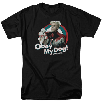Black men's regular fit t-shirt with Zoolander Obey My Dog graphic