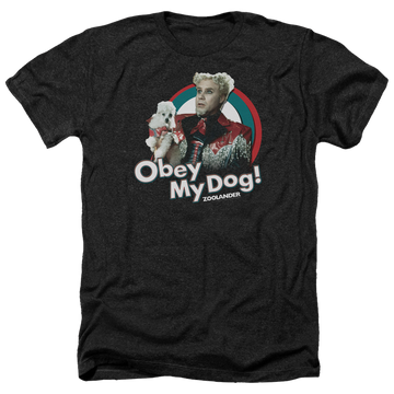 Charcoal men's heather t-shirt with Zoolander Obey My Dog graphic