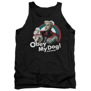Black men's tank with Zoolander Obey My Dog graphic