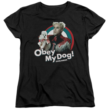 Black women's t-shirt with Zoolander Obey My Dog graphic