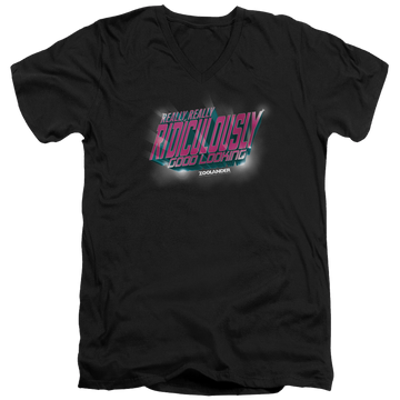 Black men's v-neck t-shirt with Zoolander Ridiculously Good Looking graphic