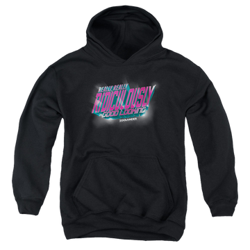 Black youth hoodie for ages 8 to 12 with Zoolander Ridiculously Good Looking graphic