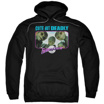 Black pullover hoodie with Galaxy Quest Cute But Deadly graphic