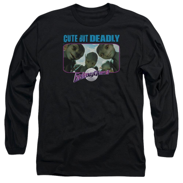 Black men's long sleeve t-shirt with Galaxy Quest Cute But Deadly graphic