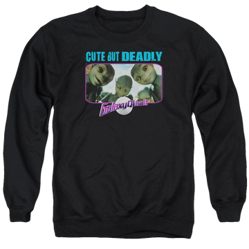 Black men's crewneck sweatshirt with Galaxy Quest Cute But Deadly graphic