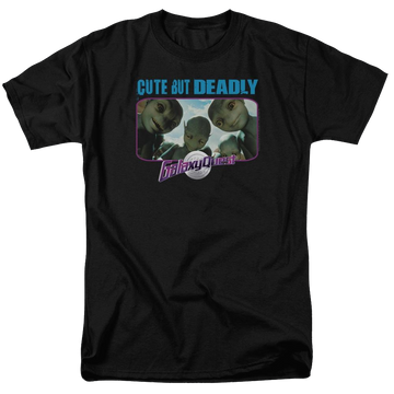 Black men's regular fit t-shirt with Galaxy Quest Cute But Deadly graphic