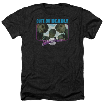 Charcoal men's heather t-shirt with Galaxy Quest Cute But Deadly graphic