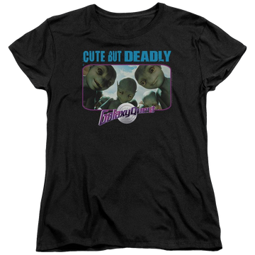 Black women's t-shirt with Galaxy Quest Cute But Deadly graphic