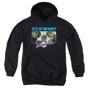 Black youth hoodie for ages 8 to 12 with Galaxy Quest Cute But Deadly graphic