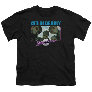 Black youth t-shirt for ages 8 to 12 with Galaxy Quest Cute But Deadly graphic