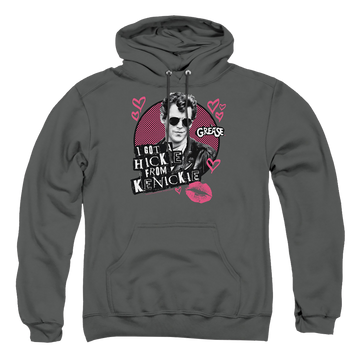 Charcoal pullover hoodie with Grease Kenickie graphic