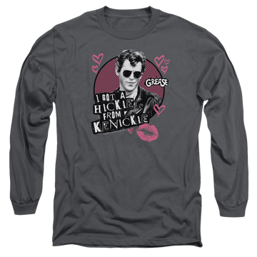 Charcoal men's long sleeve t-shirt with Grease Kenickie graphic