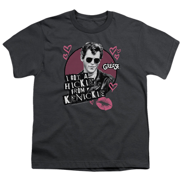Charcoal youth t-shirt for ages 8 to 12 with Grease Kenickie graphic