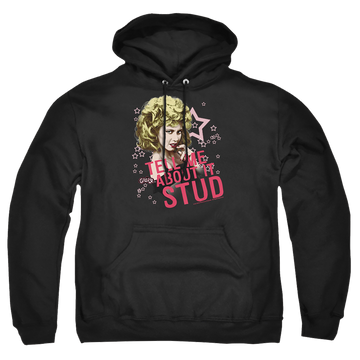 Black pullover hoodie with Grease Tell Me About It Stud graphic