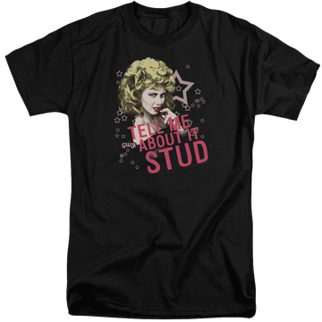 Black men's tall fit t-shirt with Grease Tell Me About It Stud graphic