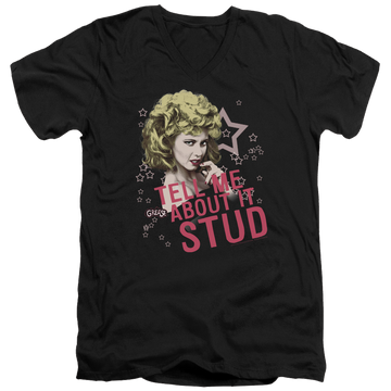 Black men's v-neck t-shirt with Grease Tell Me About It Stud graphic