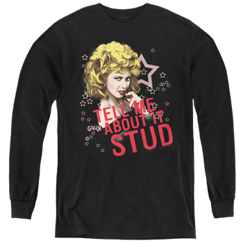 Black youth long sleeve t-shirt with Grease Tell Me About It Stud graphic