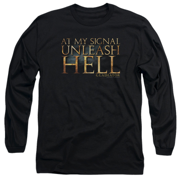 Black men's long sleeve t-shirt with Gladiator Unleash Hell graphic